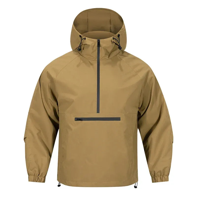 Men's gray half-zip hooded pullover hoodie relaxed fit water-resistant shell with chest pocket