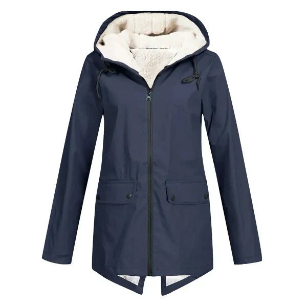 Women's waterproof fleece-lined trench coat tailored mid-length hooded silhouette stylish all-weather