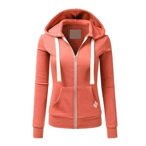 Women's slim fit cotton blend hoodie with front zipper closure and kangaroo pocket for everyday comfort