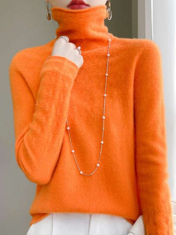 Women's slim fit turtleneck sweater wool blend hollow knit texture cozy warm winter style