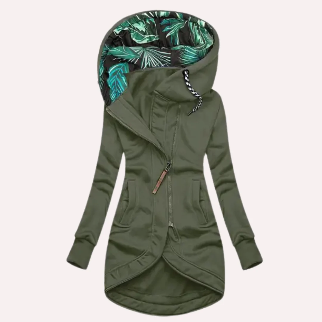 Women's slim fit hooded fleece jacket with asymmetrical zip and printed lining by Nordisk-Flair