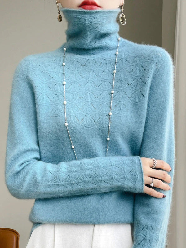 Women's slim fit turtleneck sweater wool blend hollow knit texture cozy warm winter style