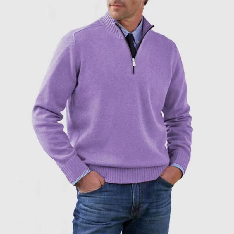 Men's quarter zip sweater business casual navy blue slim fit adjustable neckline professional style