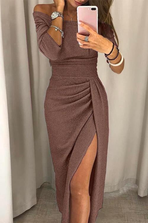 Elegant off-shoulder floor-length evening gown with daring thigh slit for cocktail events