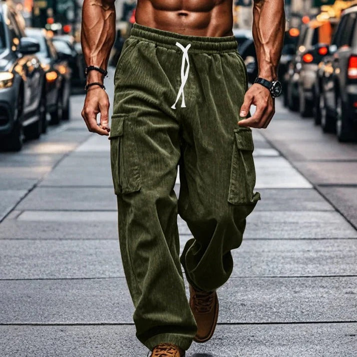 Men's brown corduroy cargo pants loose fit with adjustable drawstring waist for comfort