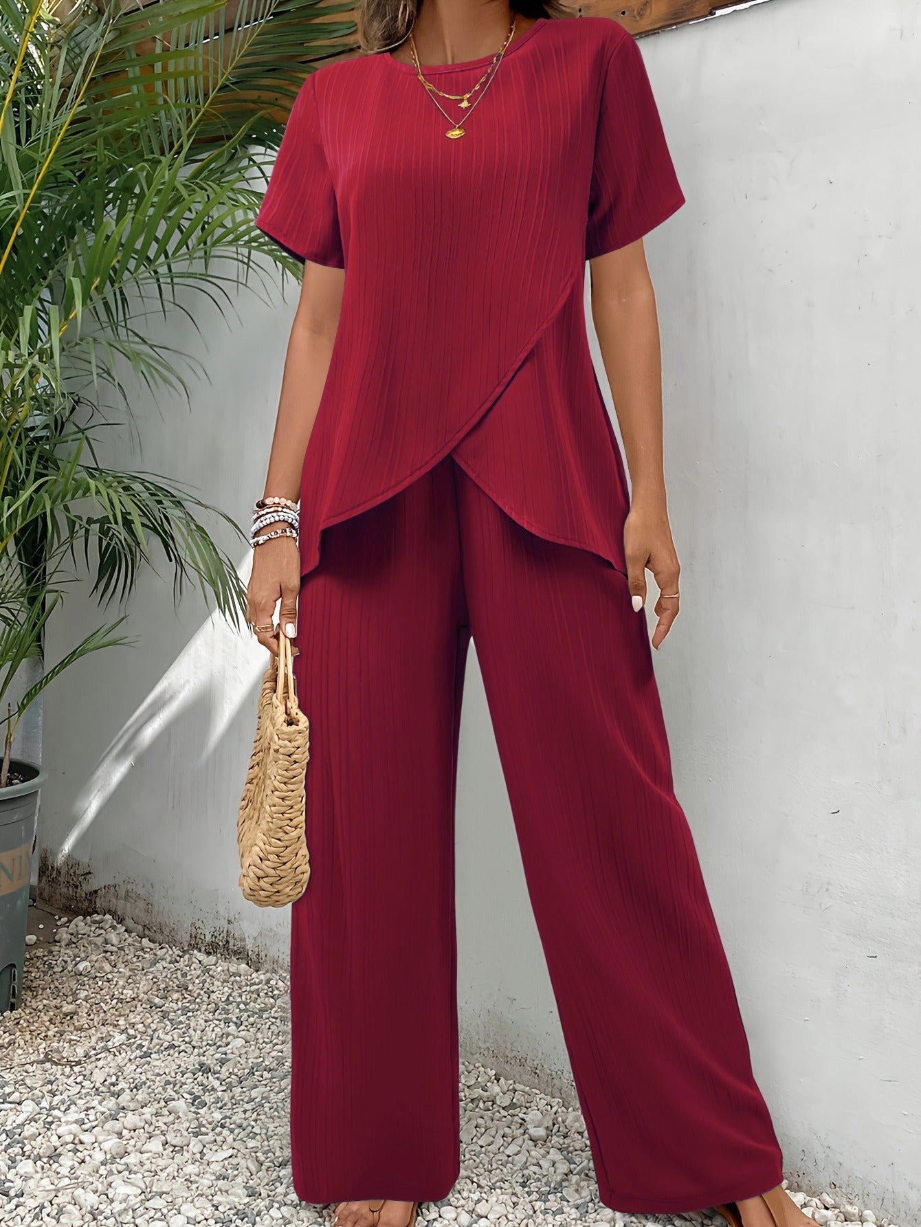 Women's ribbed two-piece set wide leg pants relaxed fit stretchable comfort casual style
