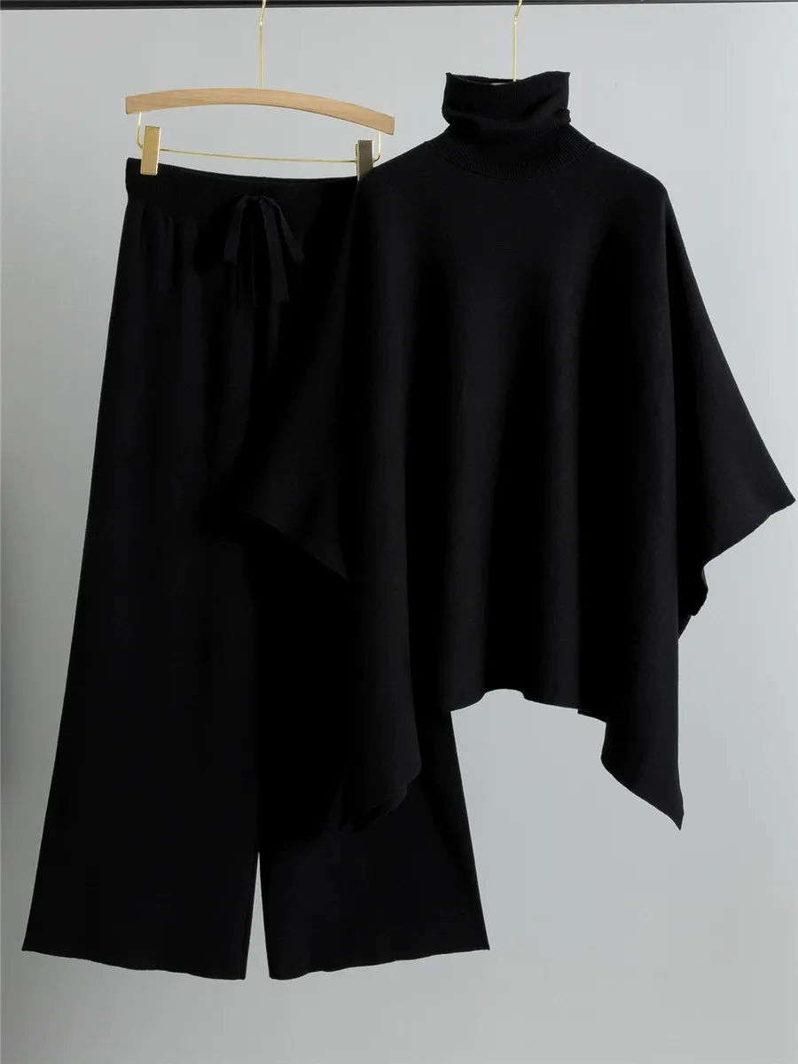 Women's two-piece knit set high neck cape top wide leg pants relaxed fit chic beige