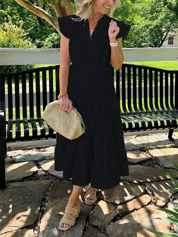 Women's loose fit midi dress with V-neck, striped flutter sleeves, casual chic summer style