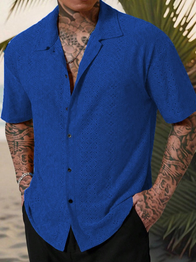 Men's short sleeve breathable jacquard shirt regular fit casual modern style urban everyday wear
