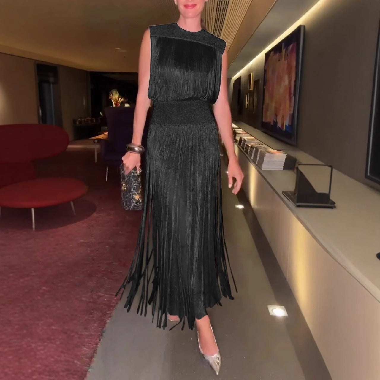 Sleeveless midi dress with fringe hem, silky soft elegant fit, versatile day-to-night women's fashion