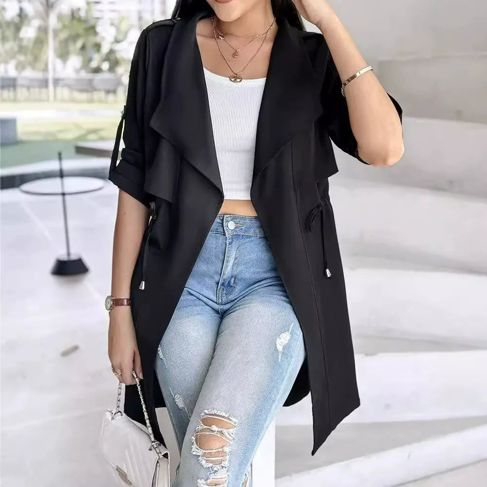 Women's mid-length trench coat relaxed fit tie waist belt rolled sleeves everyday chic style
