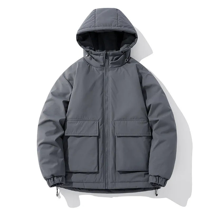 Men's oversized quilted puffer jacket with hood, zip front pockets, warm winter coat modern fit