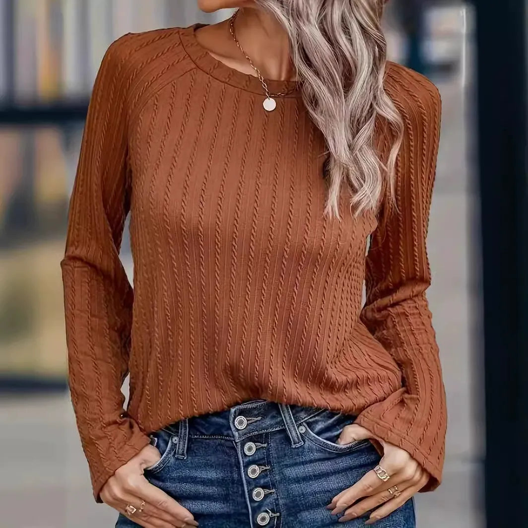 Women's ribbed knit pullover T-shirt relaxed fit long sleeve versatile layering essential