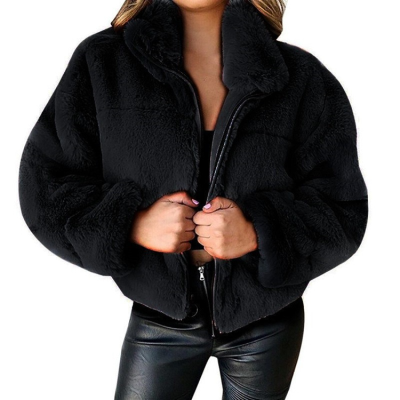 Women's cropped oversized faux fur coat in plush texture with zip front closure for chic everyday warmth