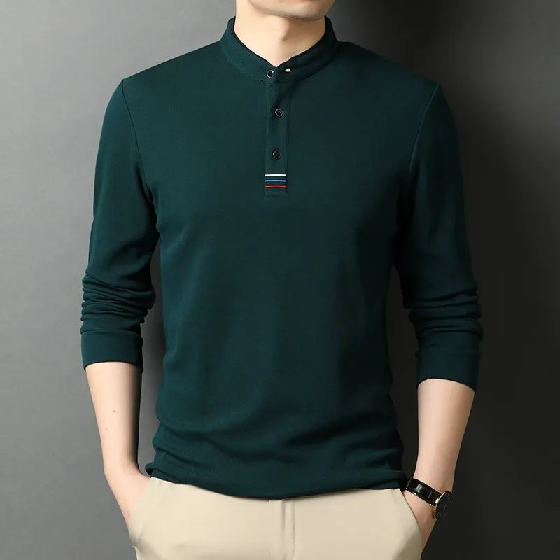 Men's long sleeve regular fit T-shirt with stand collar buttons, soft breathable fabric for everyday wear