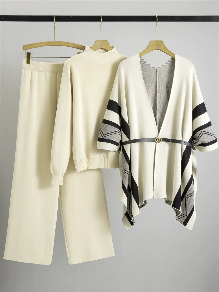 Women's striped sleeve shawl cardigan knit set beige belted mid-thigh length three-piece coordinated