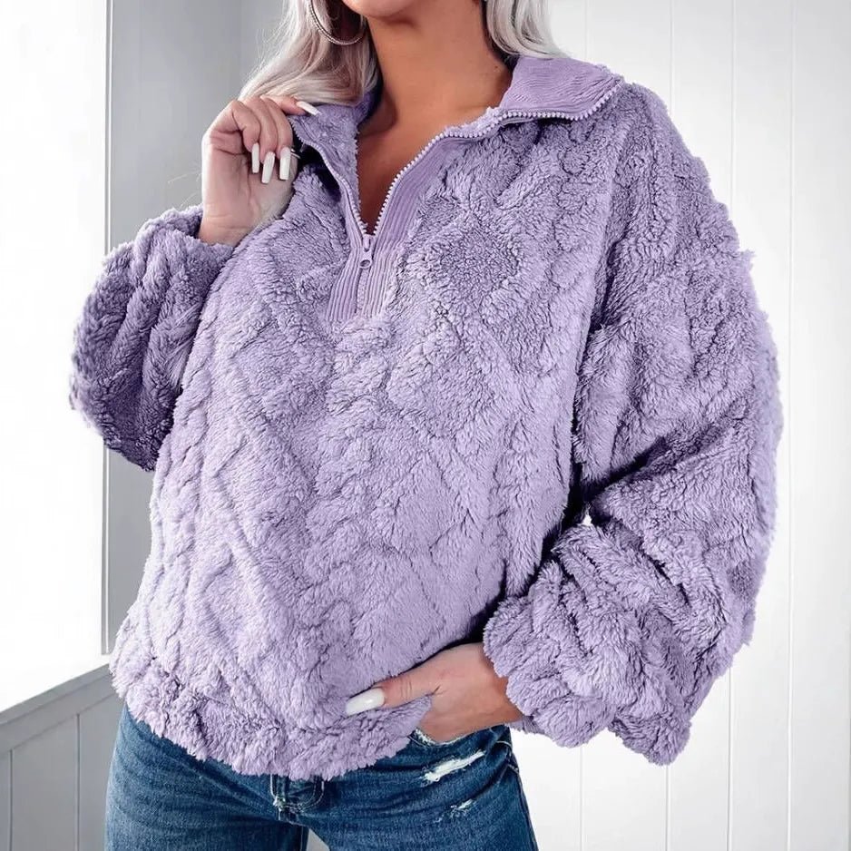 Women's relaxed-fit quilted pullover sweater with soft faux fur half-zip, cozy warm casual layer