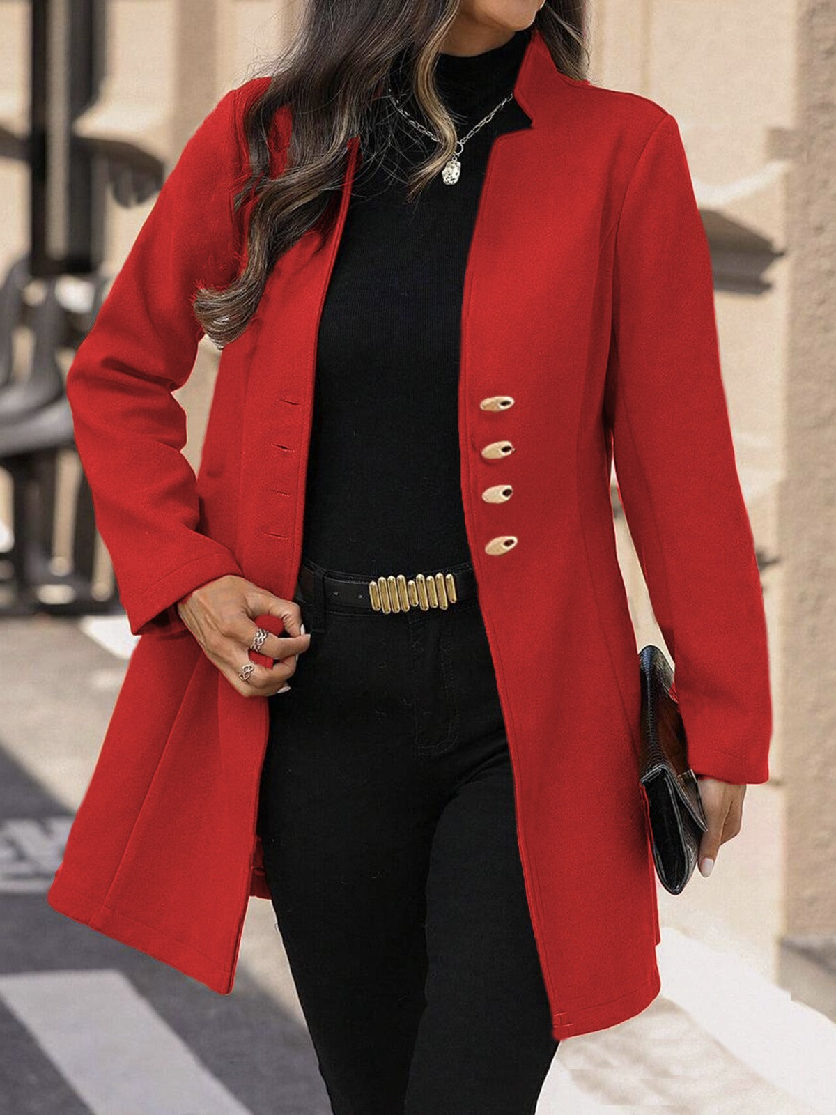 Women slim fit mid-length wool coat tailored silhouette with button closure for professionals