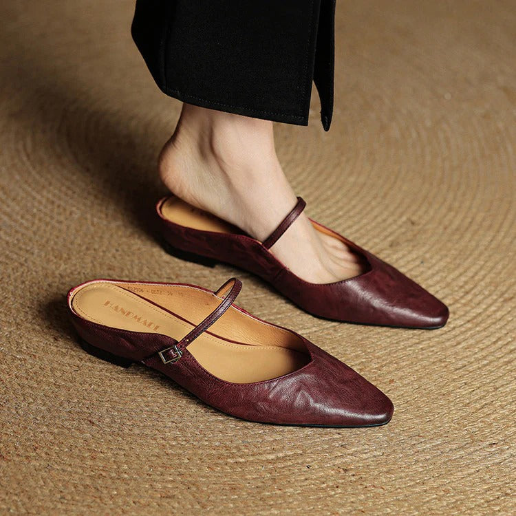Women's black leather pointed-toe Mary Jane flat shoes with delicate ankle strap