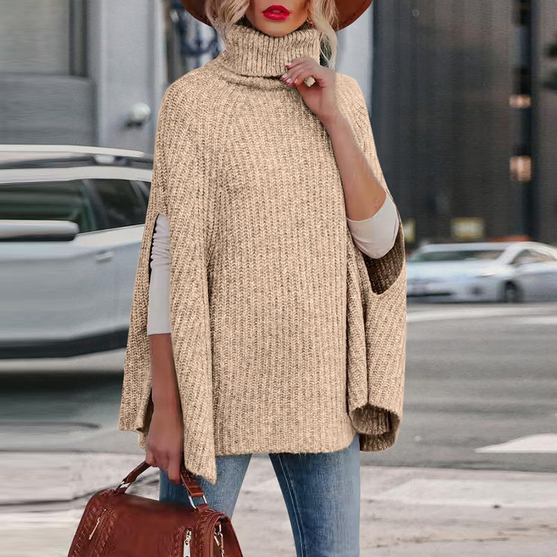 Women's loose-fit wool blend knit cape high neck with arm slits, cozy modern luxe style