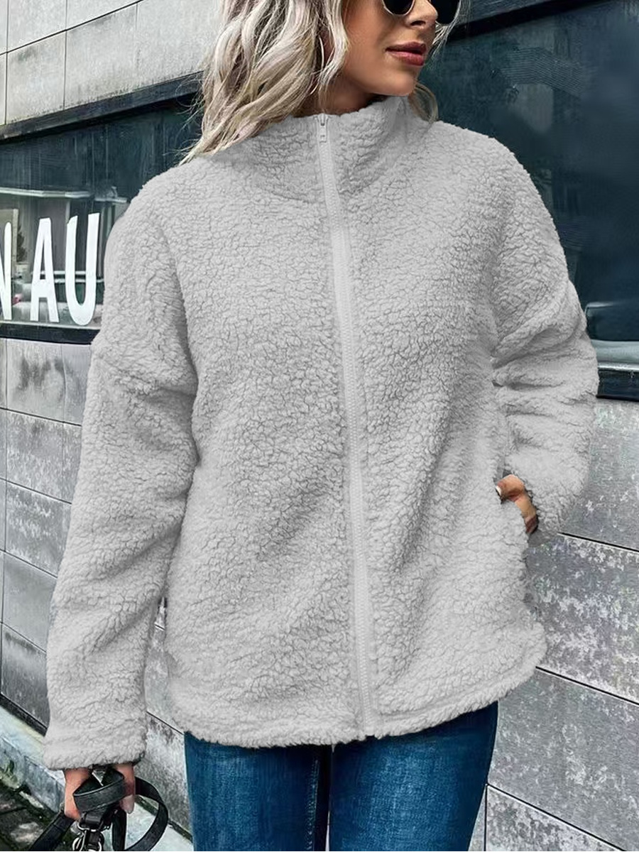 Women's oversized wool blend fleece coat stand collar zip closure warm layered winter style