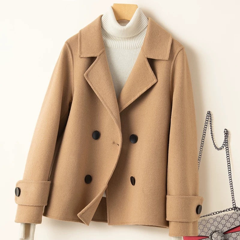 Women's wool blend short coat tailored fit double breasted notched lapel modern professional style