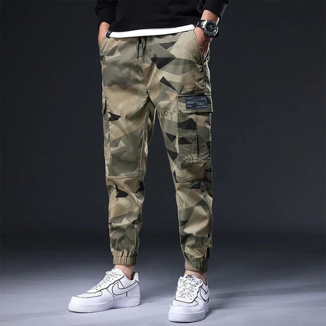 Men's camouflage cargo joggers relaxed fit elastic cuffs adjustable waist cotton-blend casual pants
