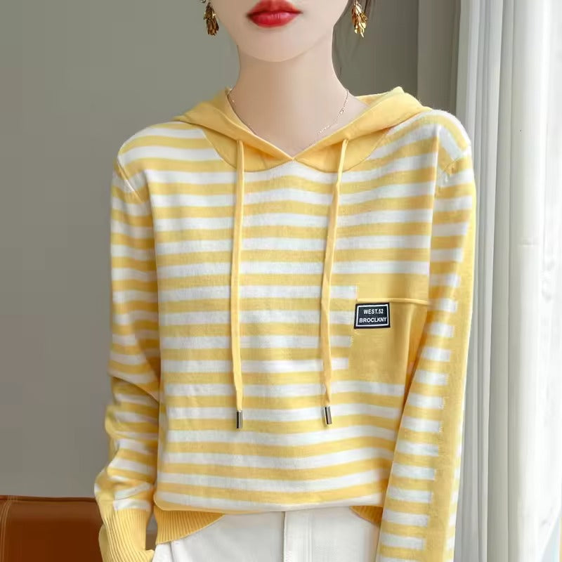 Women's relaxed-fit striped cotton blend hoodie sweater in cozy knit for everyday casual wear