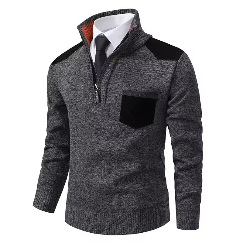 Men's grey wool knit half-zip pullover regular fit with contrast chest and shoulder patches
