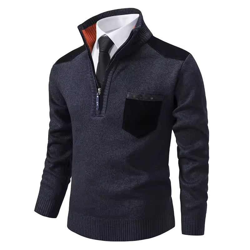 Men's wool knit half-zip pullover regular fit with contrast chest and shoulder patches