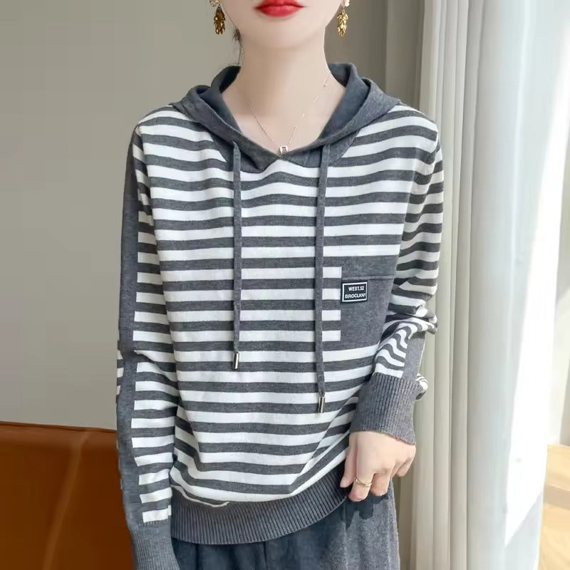 Women's relaxed-fit striped cotton blend hoodie sweater with cozy knit texture for everyday casual wear