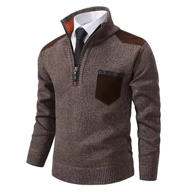 Men's wool knit half-zip pullover regular fit with contrast chest and shoulder patches