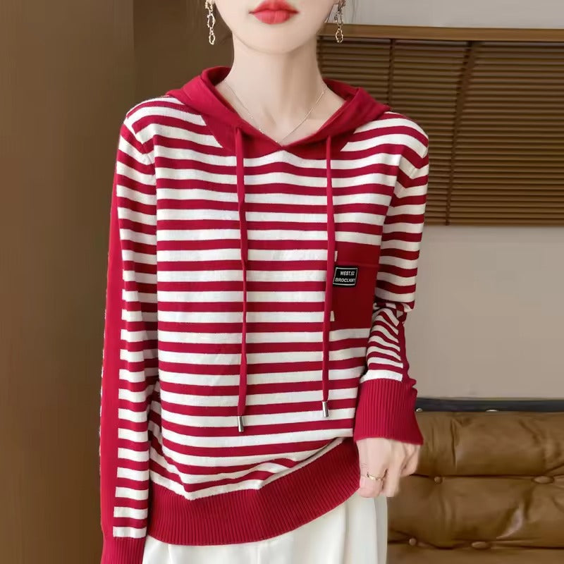 Women's relaxed-fit striped cotton blend knit hoodie sweater with cozy everyday casual style