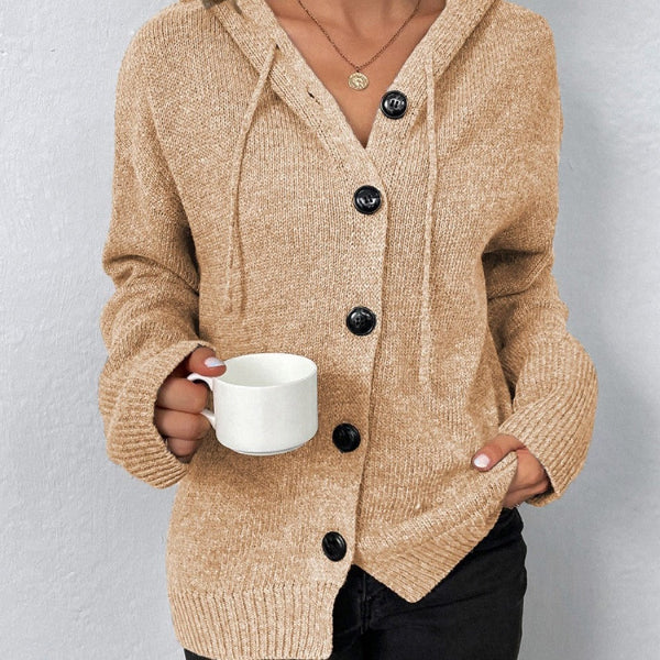 Women's oversized hooded knit cardigan with ribbed trim, button front, cozy chunky texture for layering