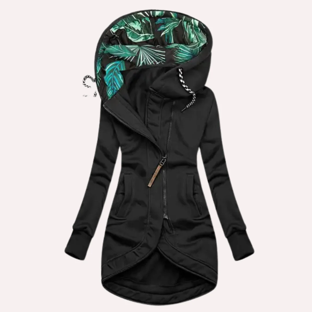 Women's slim fit fleece hooded jacket asymmetrical zip printed lining lightweight insulation