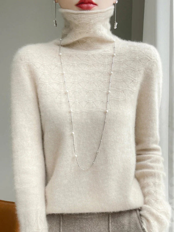 Women's slim fit turtleneck sweater wool blend hollow knit texture cozy warm style