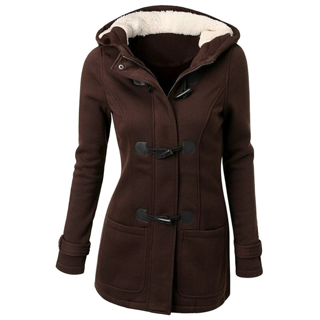 Women's tailored long coat hooded button closure lined pockets versatile elegant outerwear