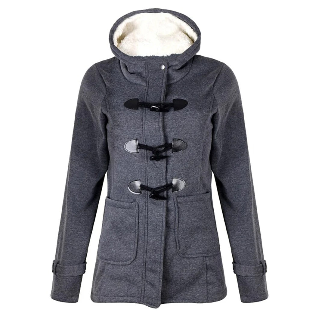 Women's tailored long coat hooded button closure lined pockets elegant versatile outerwear