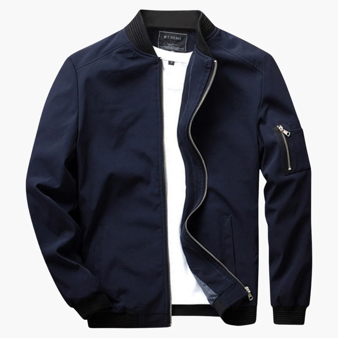Men's regular fit bomber jacket breathable fabric with zippered sleeve pocket for everyday style