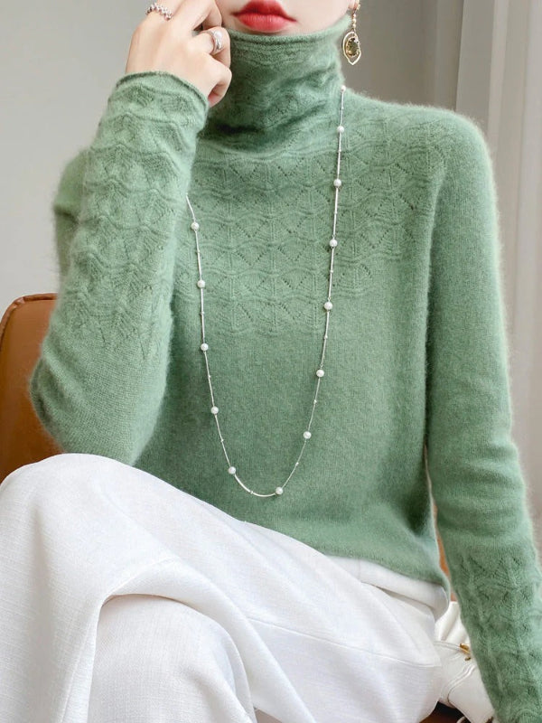 Women's slim fit turtleneck sweater wool blend hollow knit texture cozy warm winter style