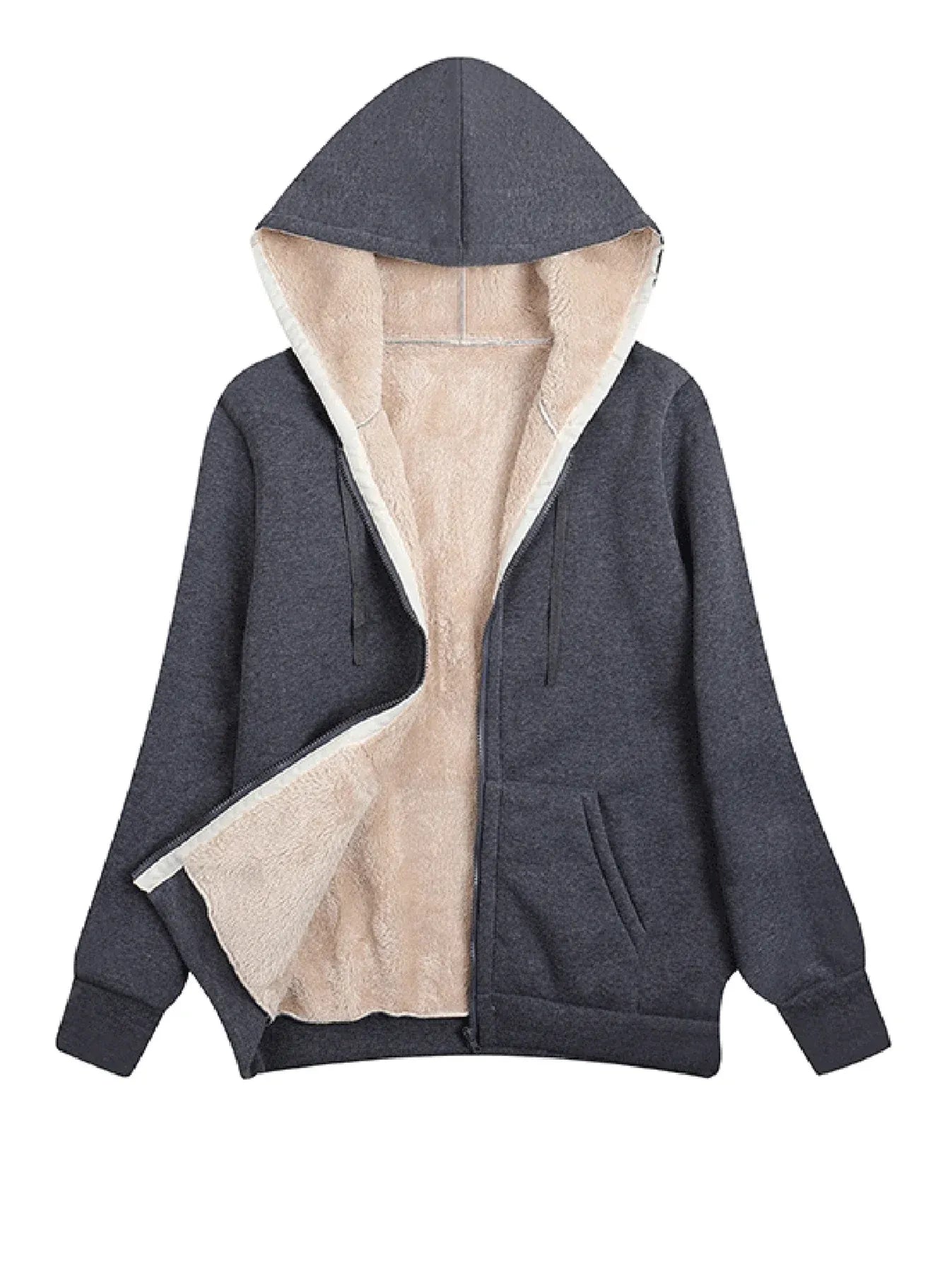 Women's relaxed fleece jacket with hood, soft interior lining, and zip closure for cozy everyday warmth