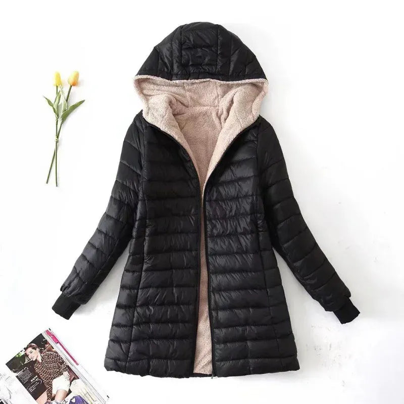 Women's quilted hooded jacket fleece-lined water resistant warm outerwear transitional style