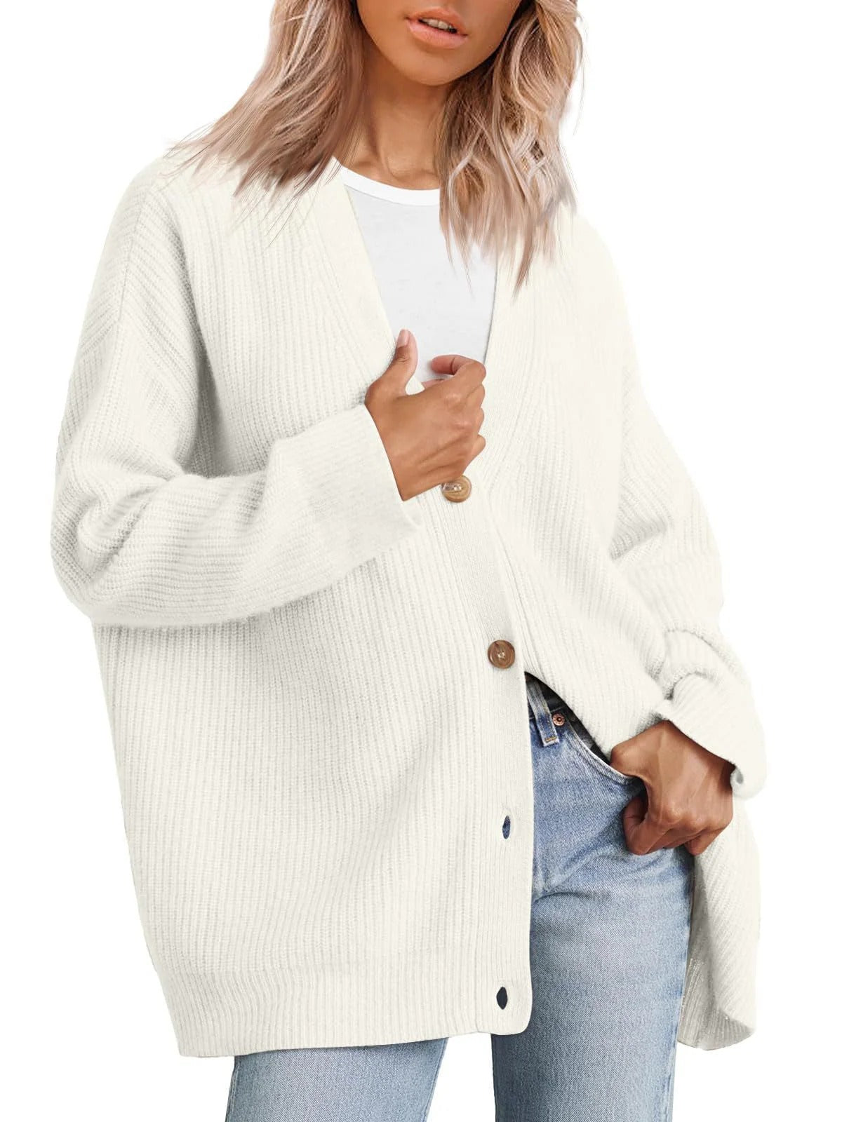Women's oversized ribbed knit cardigan V-neck button closure cozy everyday layering essential