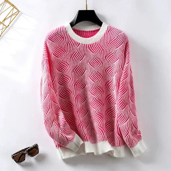 Women's wool-blend loose fit pullover sweater with striped pattern and cozy round neck casual knit top