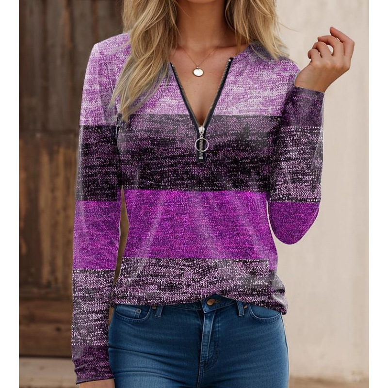 Women's knit long sleeve shirt zipper collar spliced stripe print regular fit everyday chic