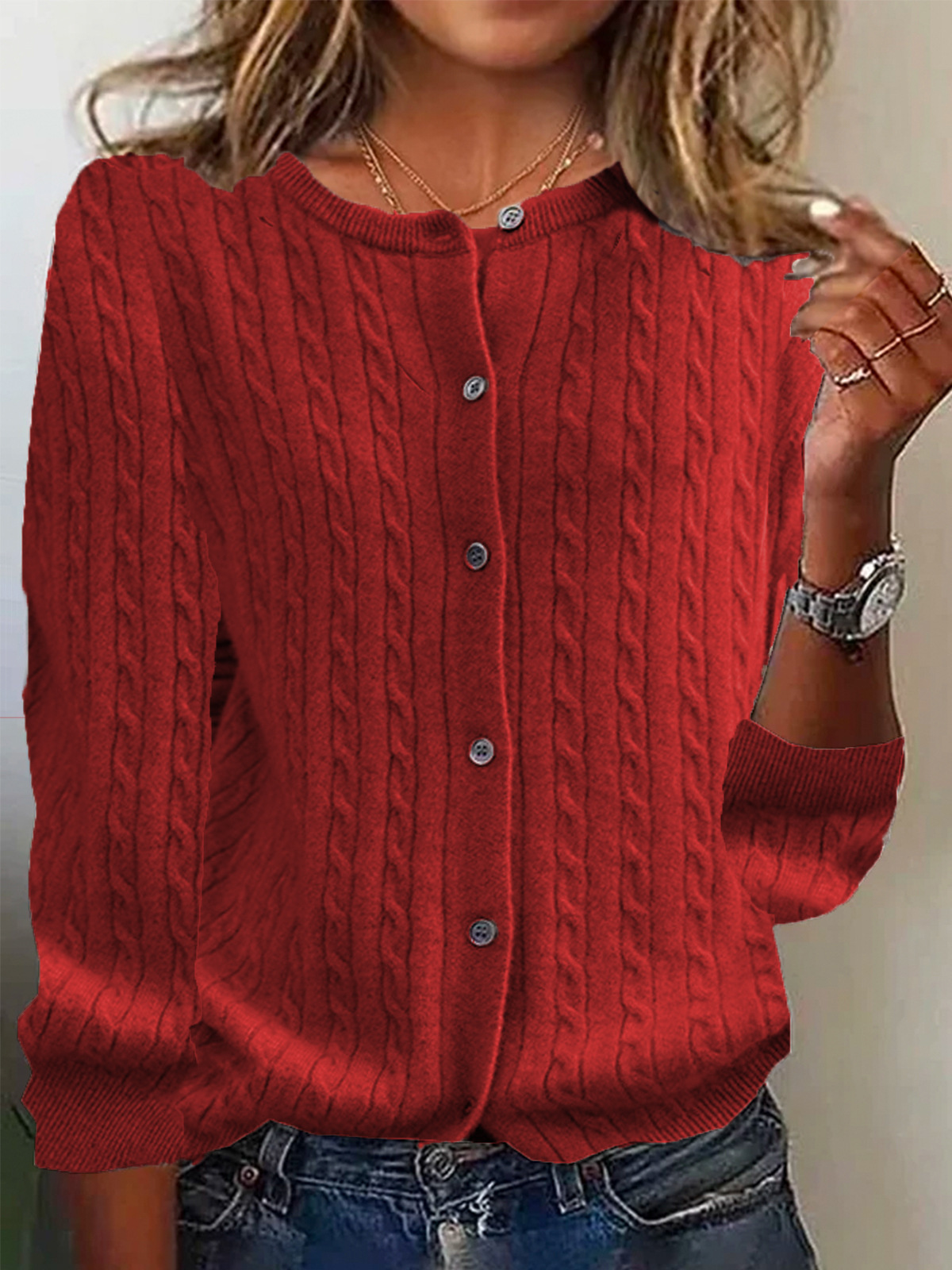 Women's wool knit cable pattern cardigan sweater relaxed fit with front buttons cozy everyday layering