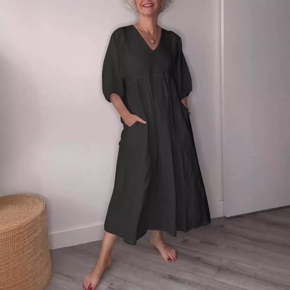 Women's relaxed midi dress cotton linen blend deep V-neck cuffed sleeves with pockets everyday casual