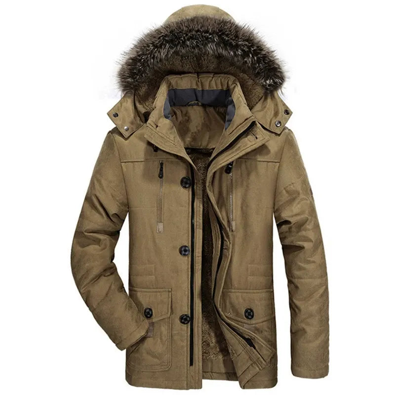 Men's mid-length parka jacket regular fit plush lining detachable faux fur hood winter coat