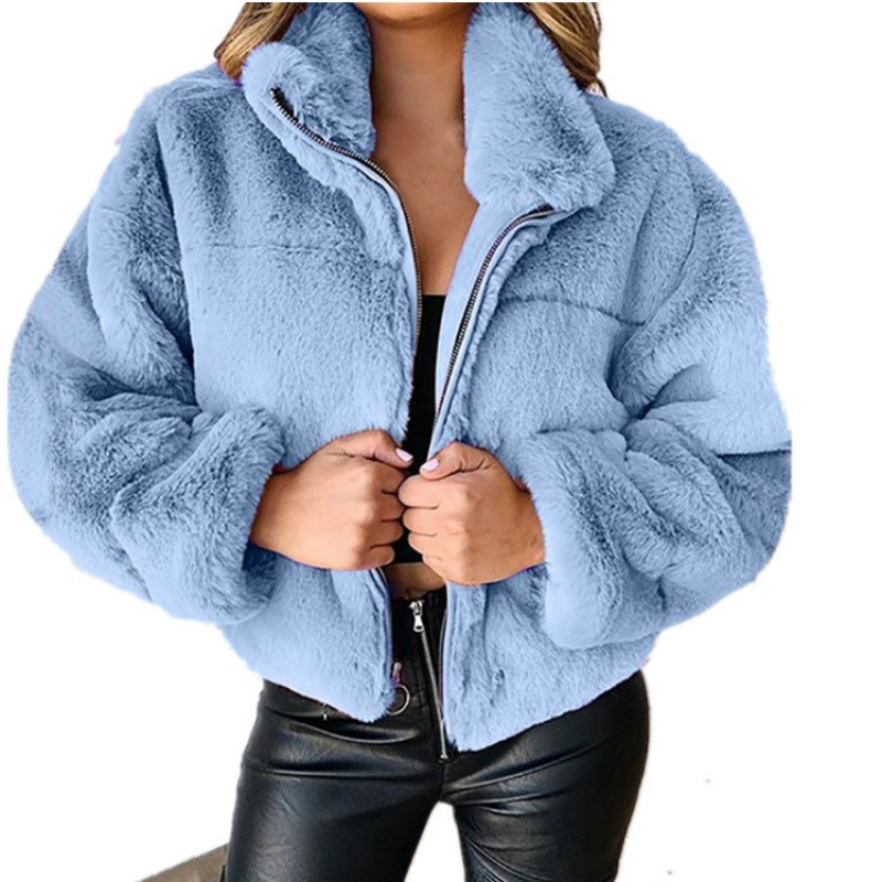 Women's black faux fur cropped oversized coat with zip front closure and high-pile plush texture