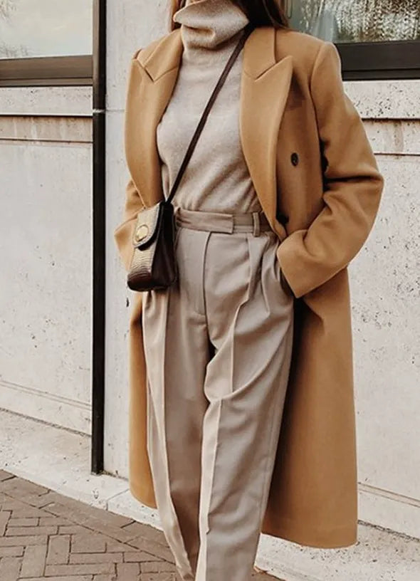 Women's slim-fit double-breasted wool-feel long coat with classic lapel, tailored silhouette for professional style